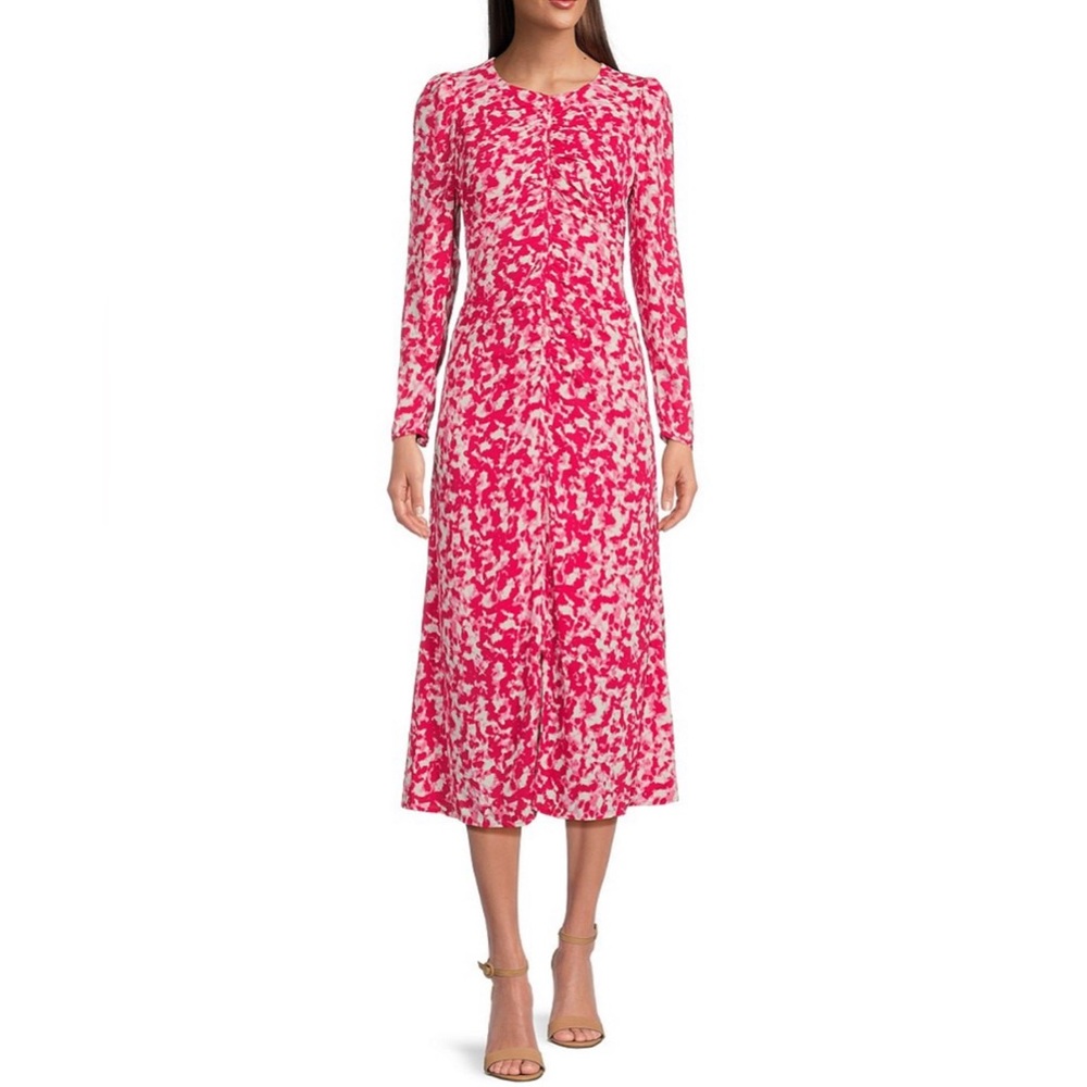 Calvin Klein | Printed Chiffon Crew Neck Long Sleeve Ruched A-Line Dress | NWT